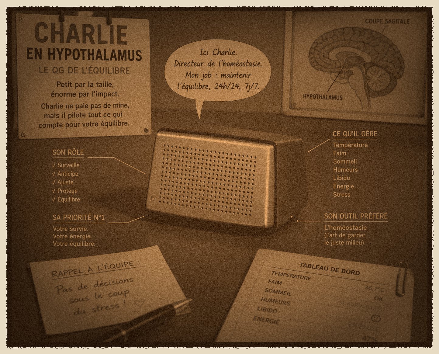 Charlie, l'hypothalamus, représenté en haut-parleur sur un bureau