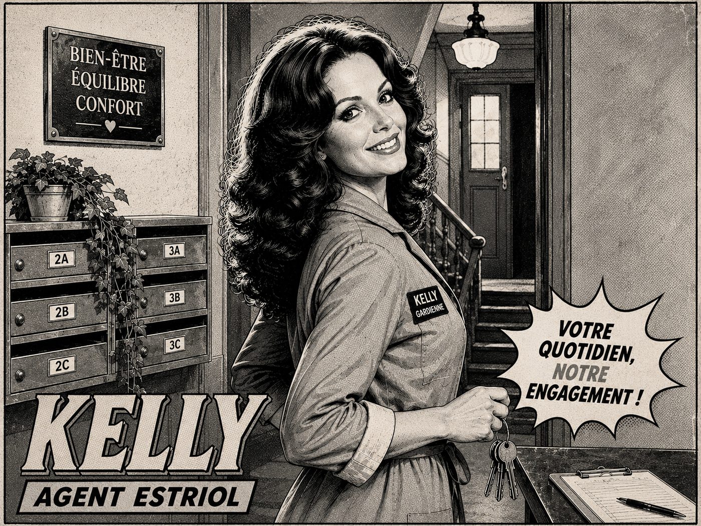 Kelly, agent Estriol, en gardienne d'immeuble dans un hall d'entrée