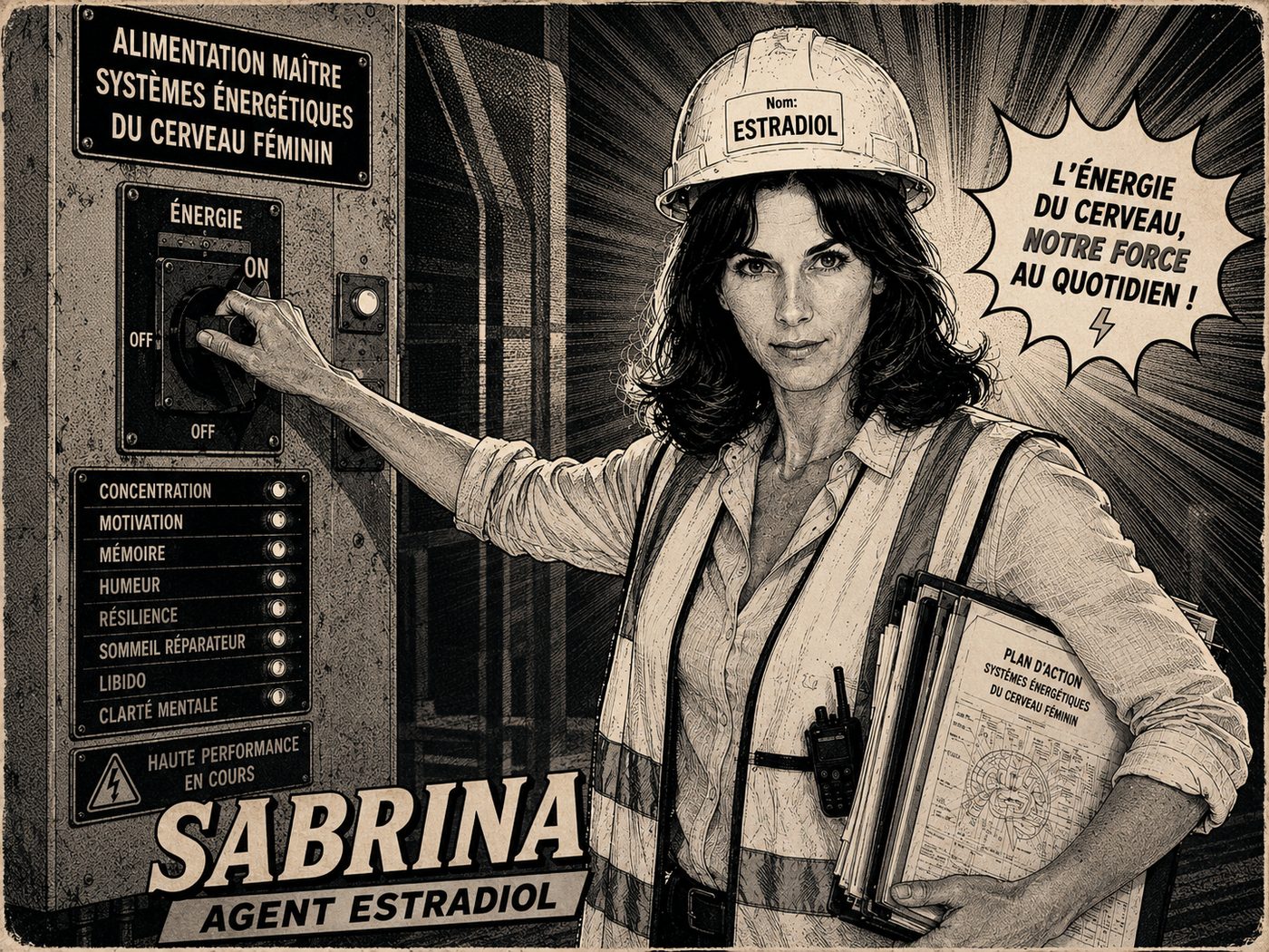 Sabrina, agent Estradiol, casquée façon ingénieure d'usine devant un tableau de bord d'énergie cérébrale