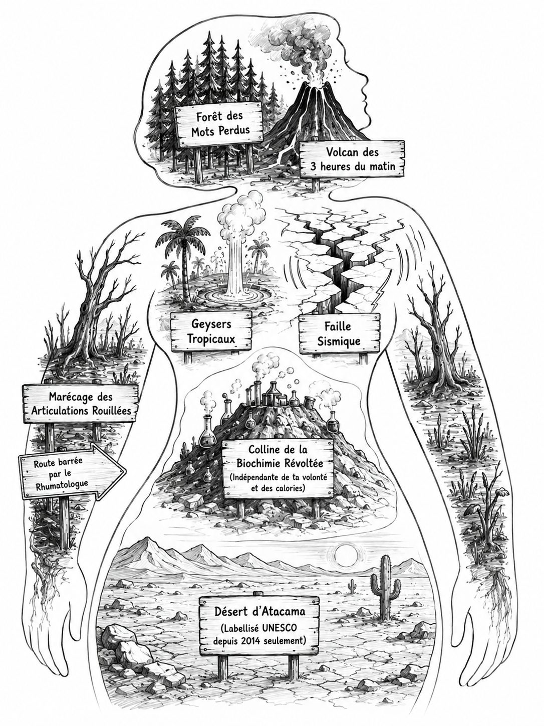 Carte illustrée du corps féminin façon carte d'exploration, avec forêt des mots perdus, volcan des 3 heures du matin et désert d'Atacama