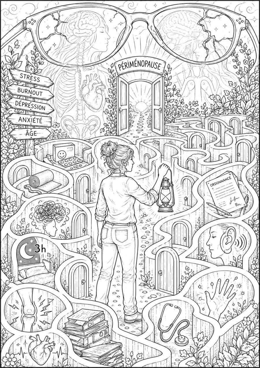 Illustration d'une femme avec une lanterne traversant un labyrinthe de portes vers une porte lumineuse marquée périménopause