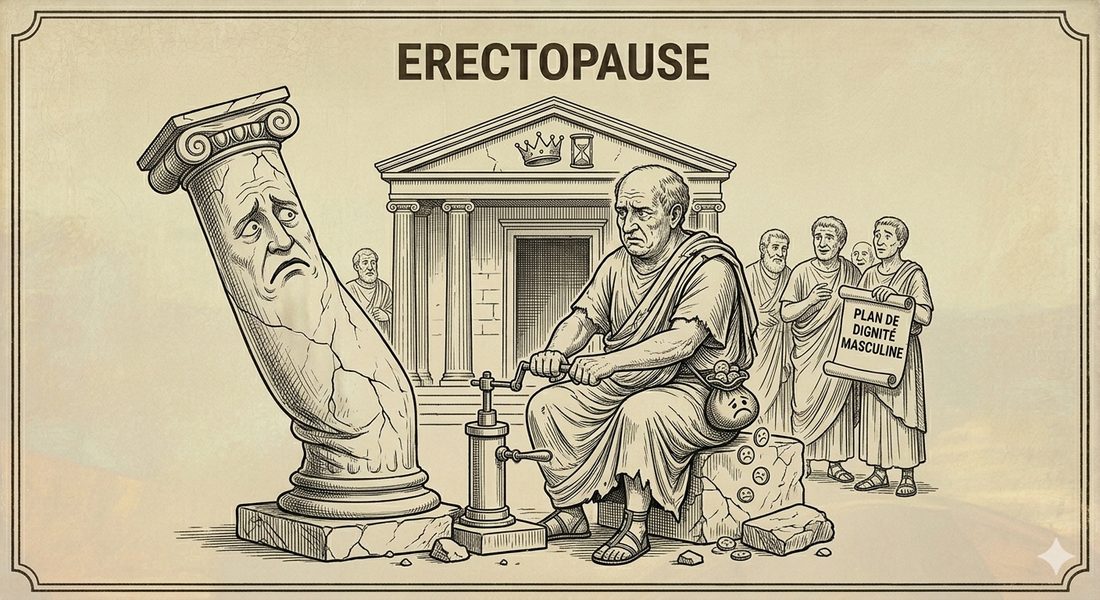 Illustration satirique antique intitulée Erectopause, avec une colonne brisée et un Plan de Dignité Masculine