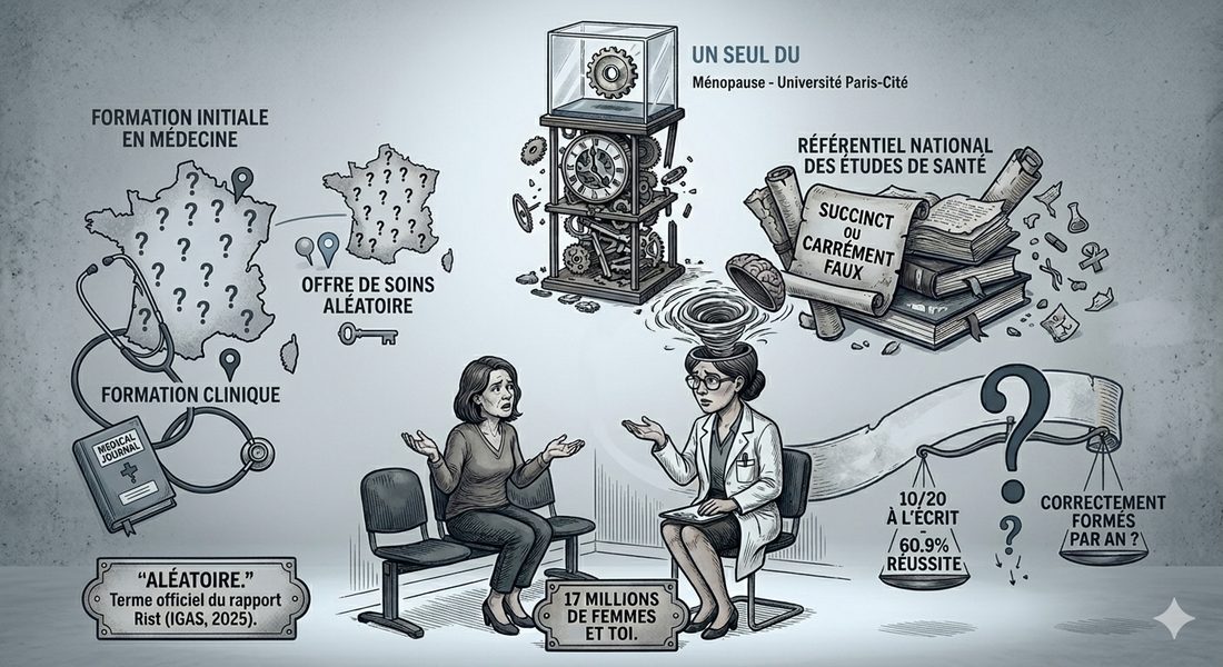 Infographie sur le seul diplôme universitaire français consacré à la ménopause, référençant le rapport Rist (IGAS, 2025)