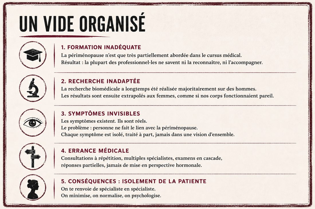 Infographie en cinq points intitulée Un vide organisé, sur les angles morts de la formation médicale en périménopause