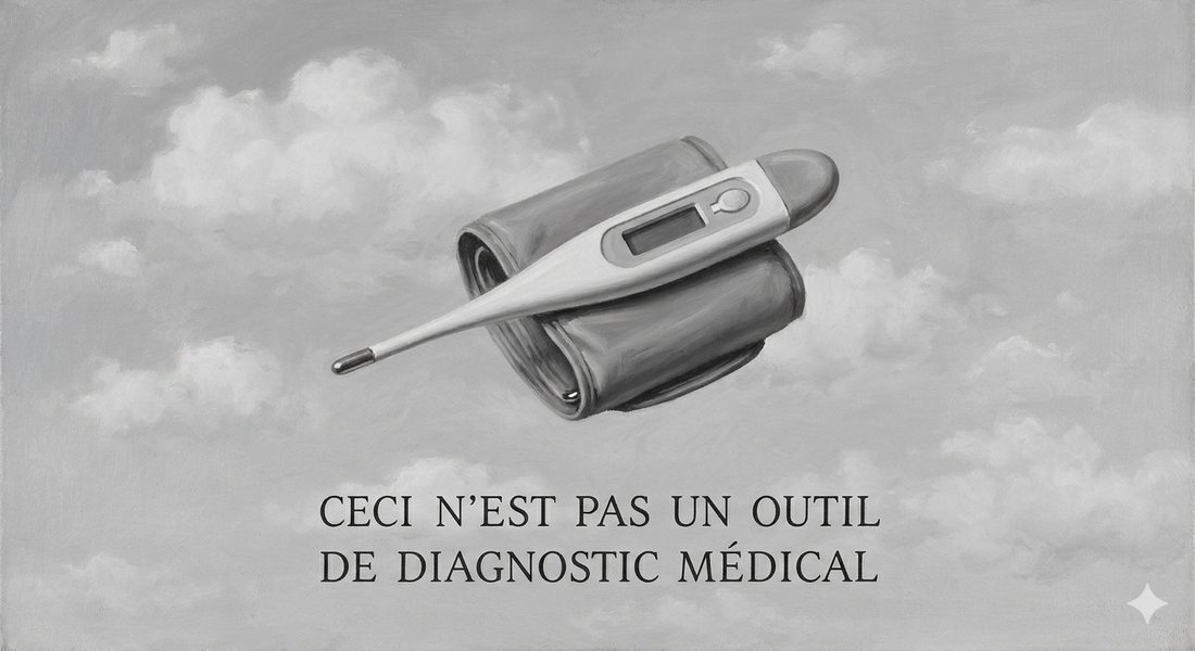 Pastiche d'un tableau de René Magritte représentant un tensiomètre flottant dans le ciel, intitulé Ceci n'est pas un outil de diagnostic médical