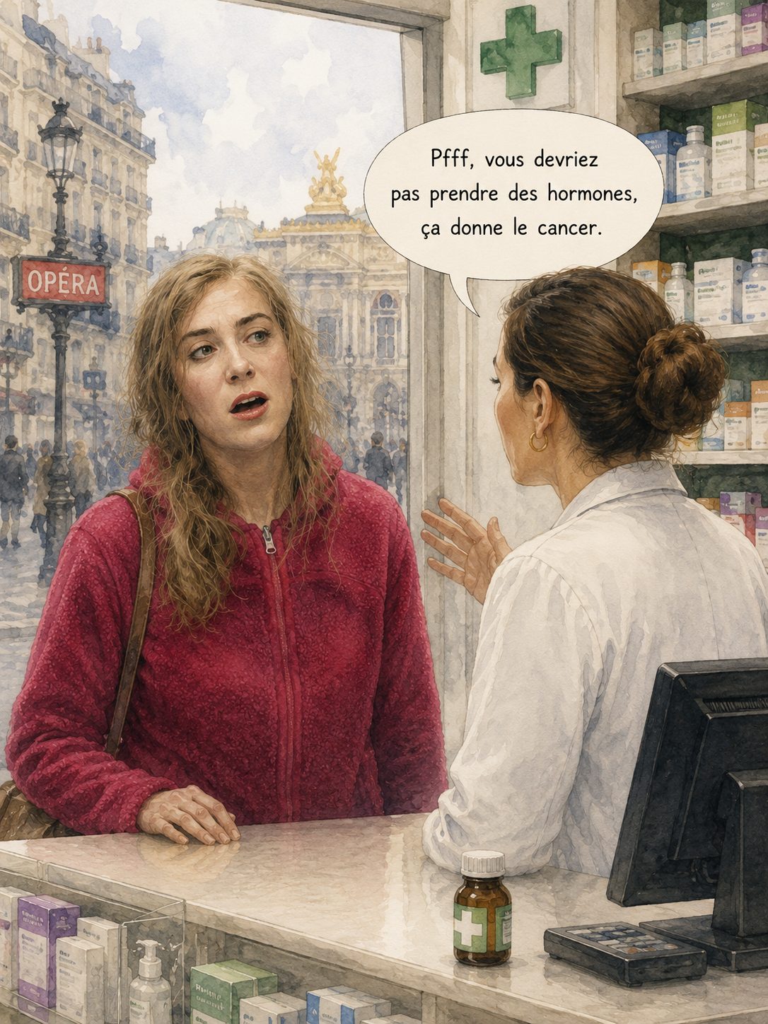 Illustration d'une scène devant une pharmacie près de l'Opéra de Paris, où une pharmacienne affirme à tort que les hormones donnent le cancer