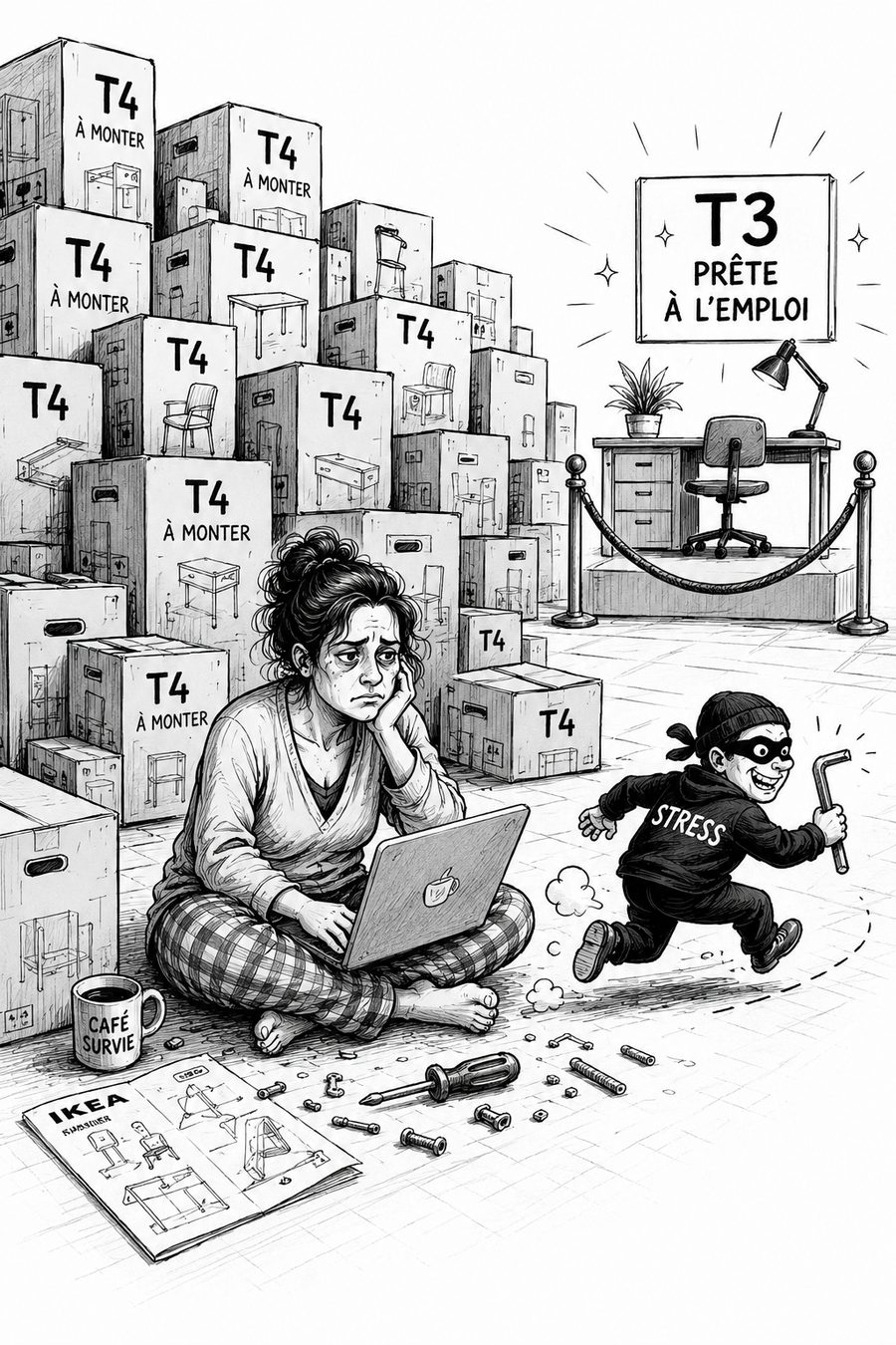 Illustration humoristique d'un déménagement de cartons T3 et T4 représentant les hormones thyroïdiennes