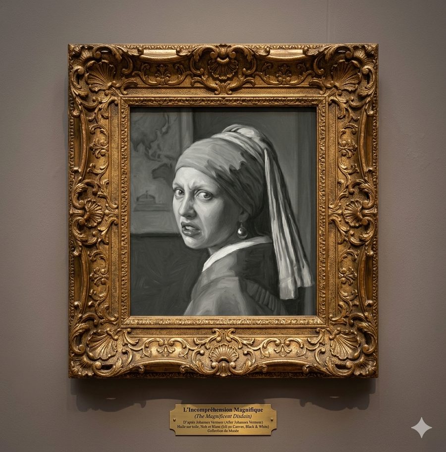 Pastiche de La Jeune Fille à la perle de Vermeer, intitulé L'Incompréhension Magnifique